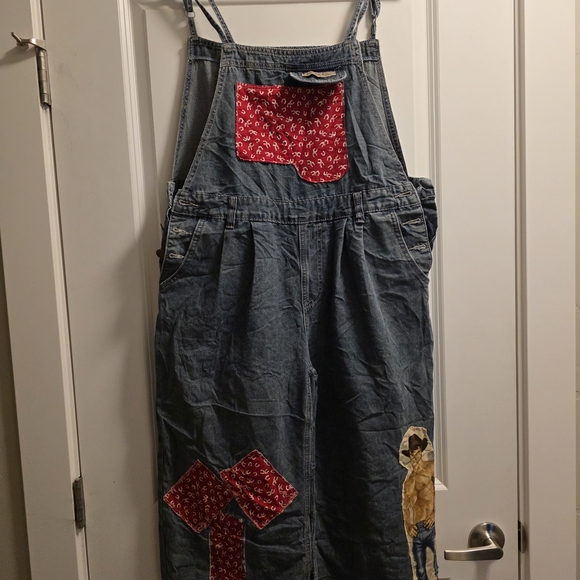 Denim Patchwork Overalls with Red Bandana Pockets - Picture 2 of 6